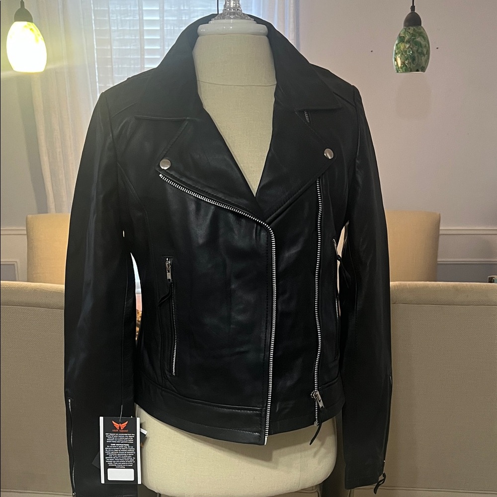 Classic Black Leather Moto Jacket with Silver Hardware
